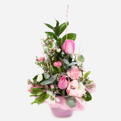 Baby Girl Pot - A floral creation for the new addition, made up of blooms in shades of pink and white.
