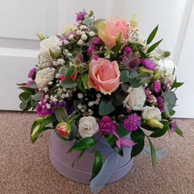 Hat Box - Hatbox of fresh flowers available for same day delivery in St Austell and Surrounding areas.