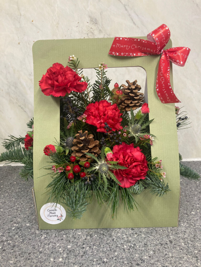 festive living card - This is a unique gift featuring an arrangement of fresh festive flowers and greenery.